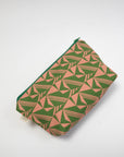 Green and pink geometric patterned pouch on a white background