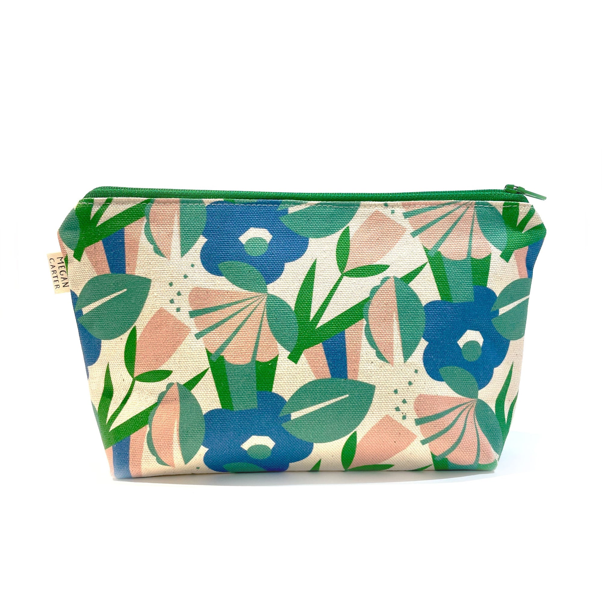Floral patterned pouch with a green zipper on a white background