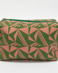 Rectangular pouch with green and pink geometric pattern on a white background