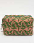 Green and pink geometric patterned pouch on a white background