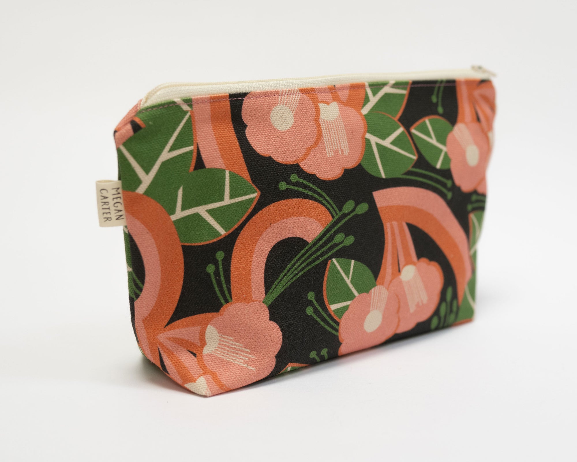 Fabric pouch with floral pattern on a white background