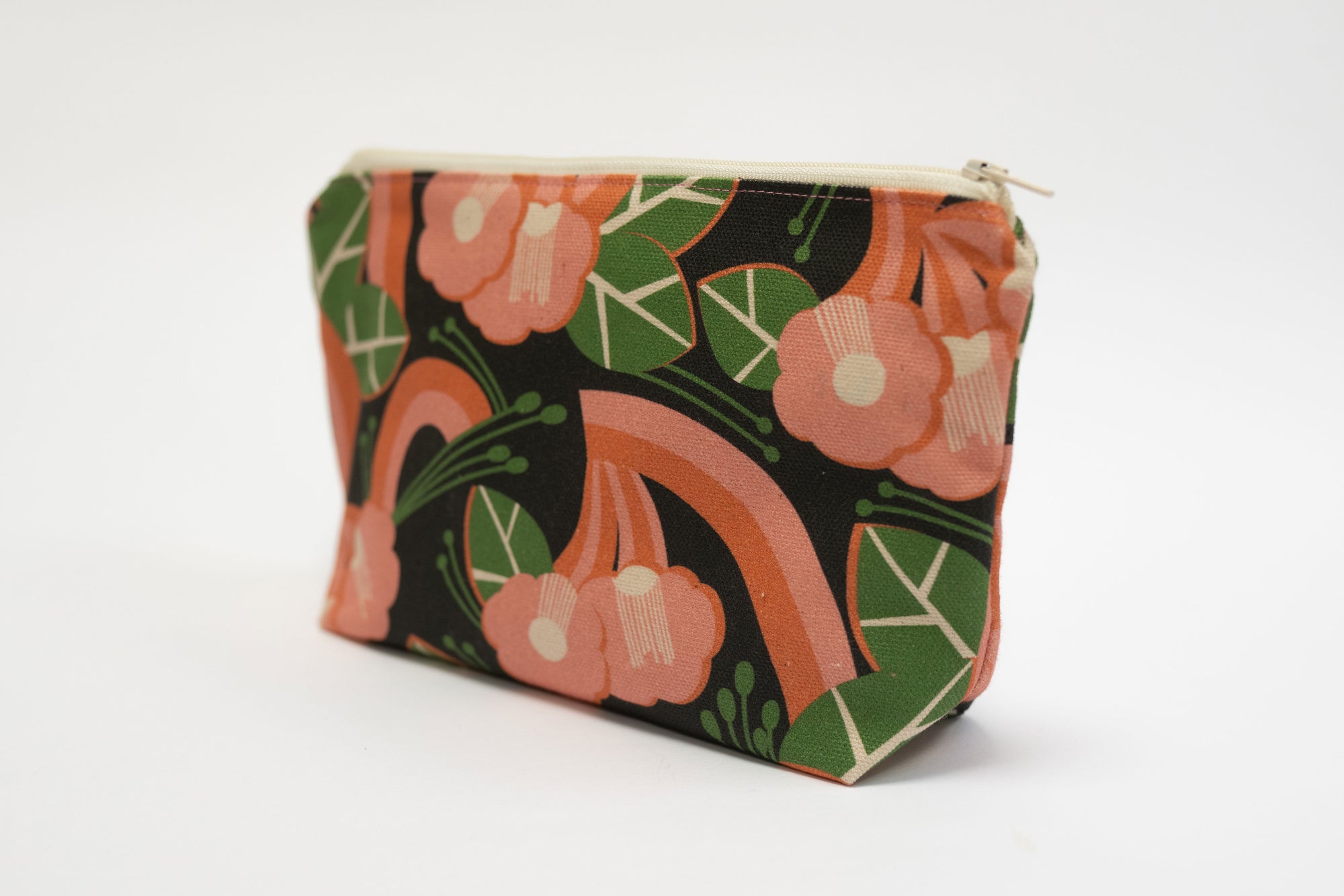 Floral patterned pouch on a white background